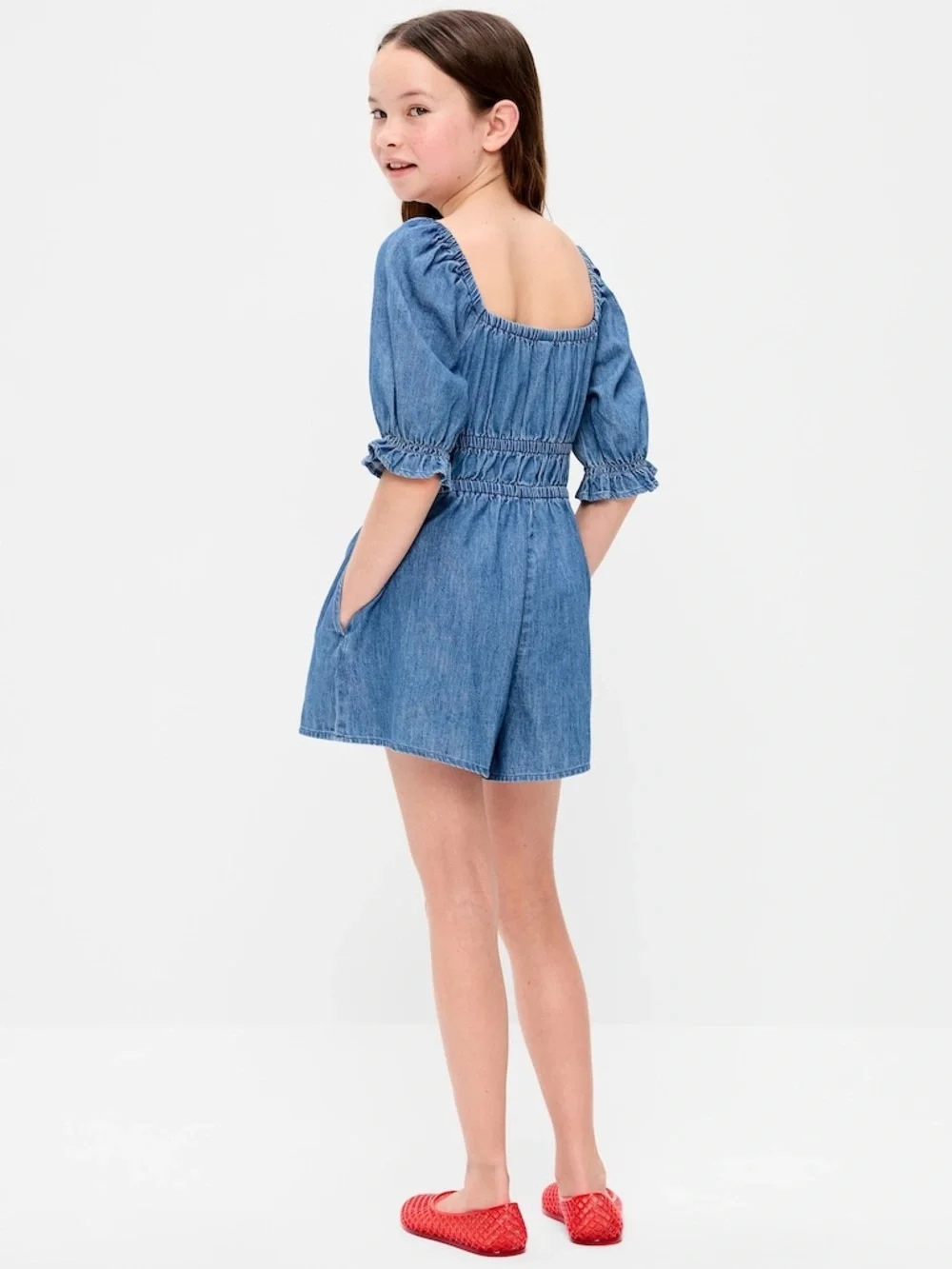 Short-Sleeve Chambray Romper for Girls - Size M